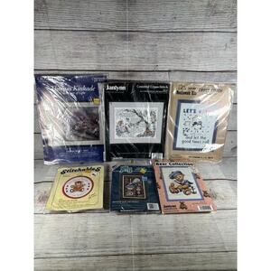 Vintage Cross Stitch & Needlework Kit Lot Thomas Kinkade Janlynn Bears